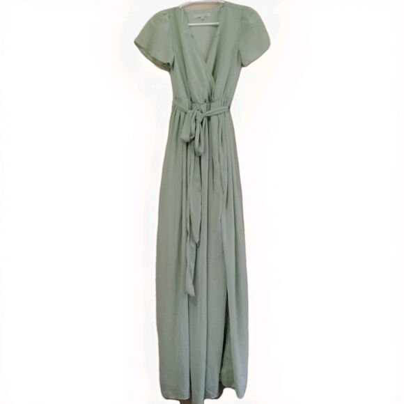 Baltic Born K Maxi Gown XS Katrina Bridesmaid Sage Green Chiffon Flowy high slit - Picture 2 of 11